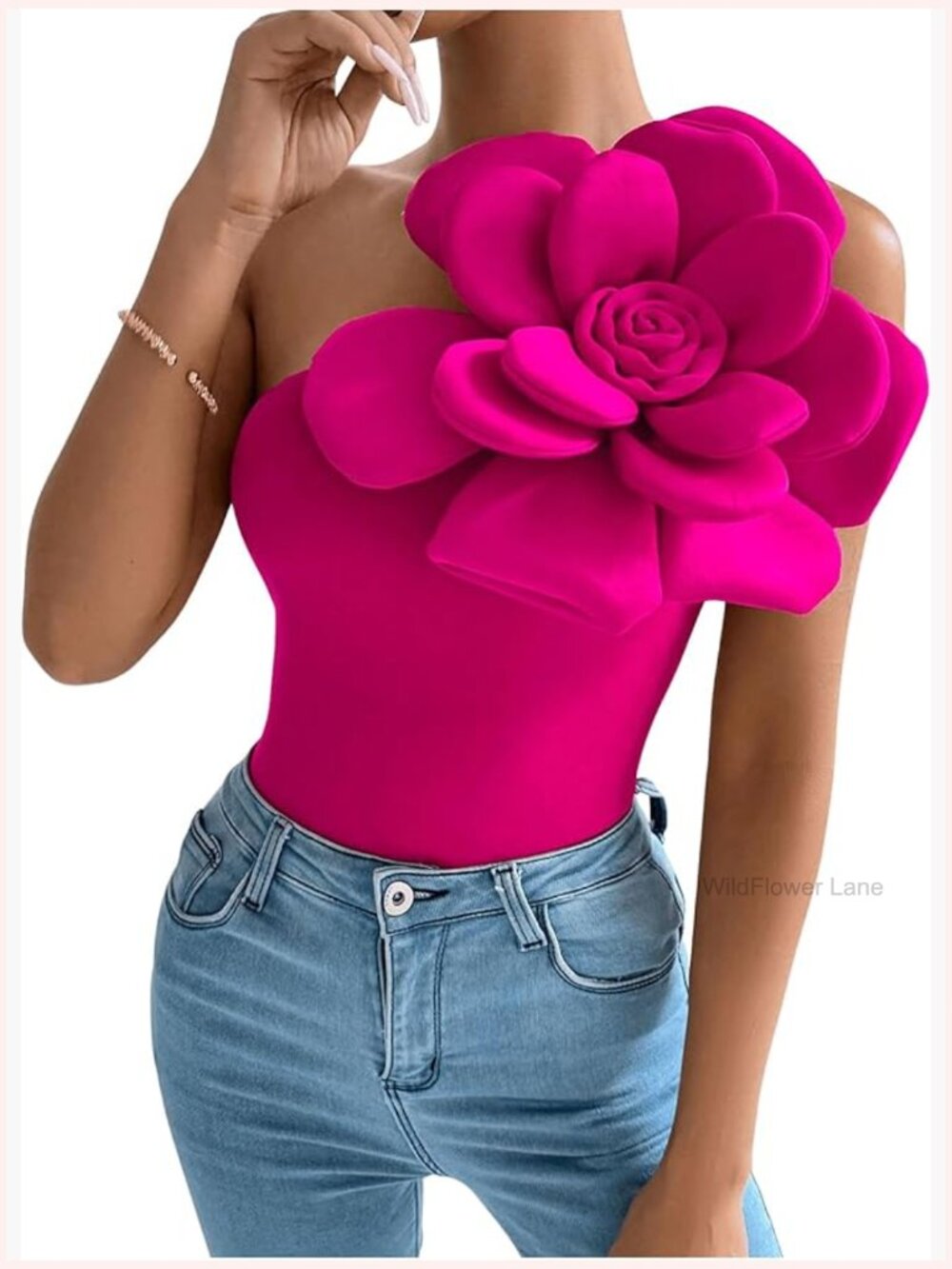 3D Flower Top One Shoulder Sleeveless Slim Fit Elegant Rosette Blouse